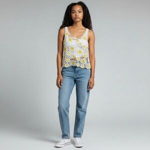 Altar’d State Women’s White Yellow Daisy Crochet Tank Top XL